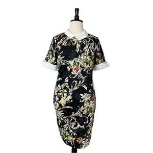 Oxiuly Bodycon Dress Collar Neck Cuff Sleeves Black Floral Women’s Size 2XL New